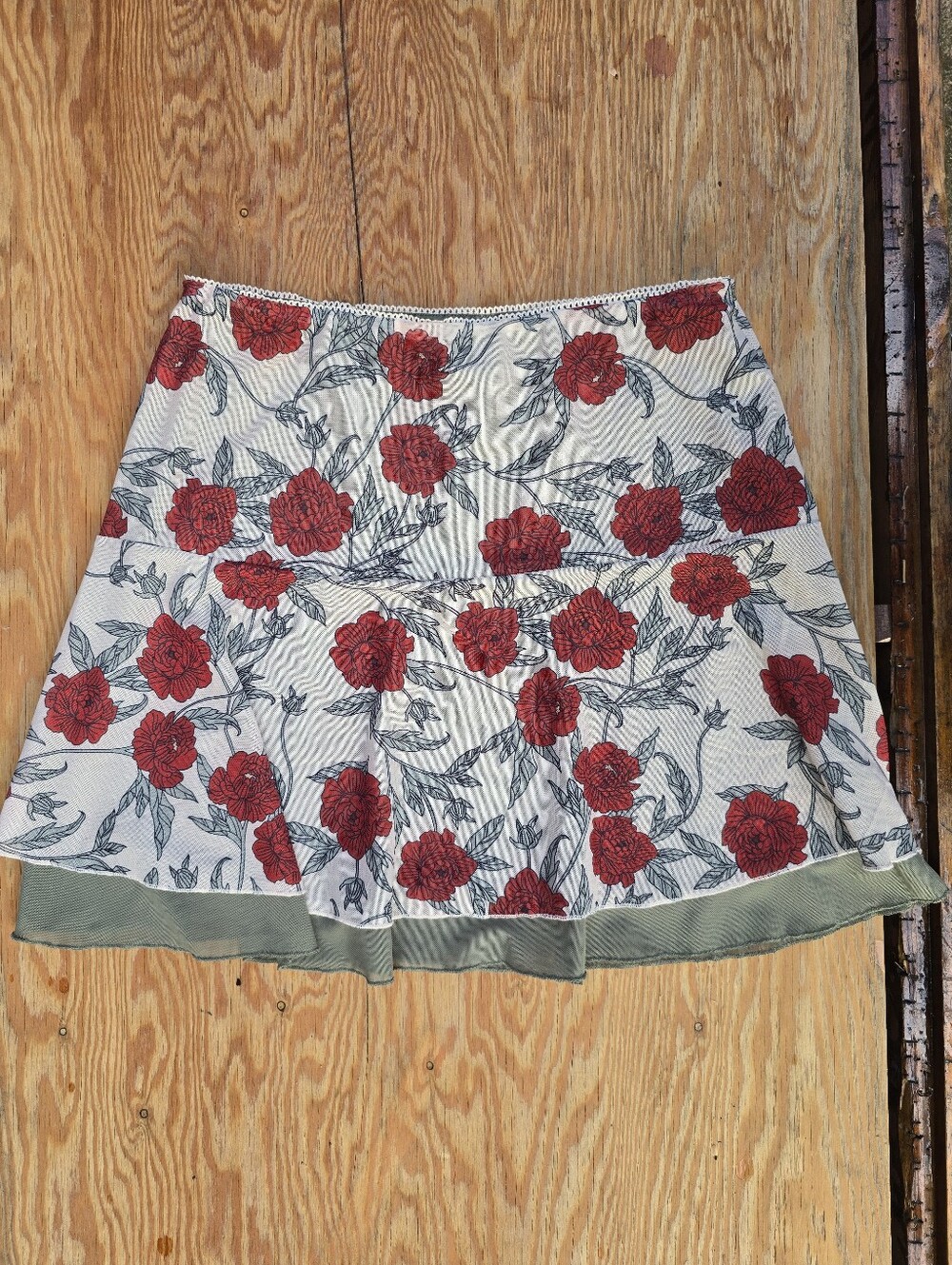 Thorn & Fable Red Rose & Green Mini Slip Skirt